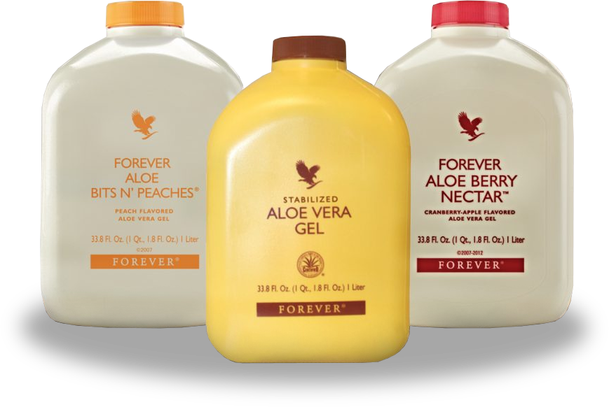 Linha completa de sucos Forever Living: Aloe Bits N' Peaches, Aloe Vera Gel e Aloe Berry Nectar